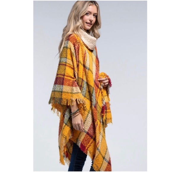 NEW Chloe Cozy Soft Long Boho Plaid Turtleneck Pullover Poncho Fringe - Picture 10 of 12